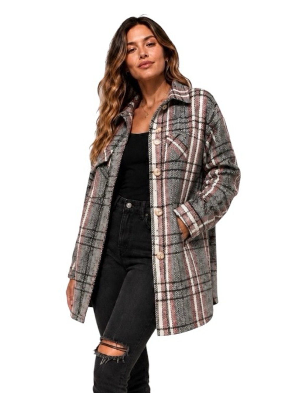 Ellison Jacket Shacket plaid tweed trendy front button cream gray Large lined